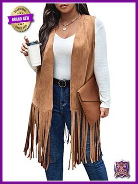 Faux Suede Fringe Open Front Vest Coat Sleeveless Plus Size